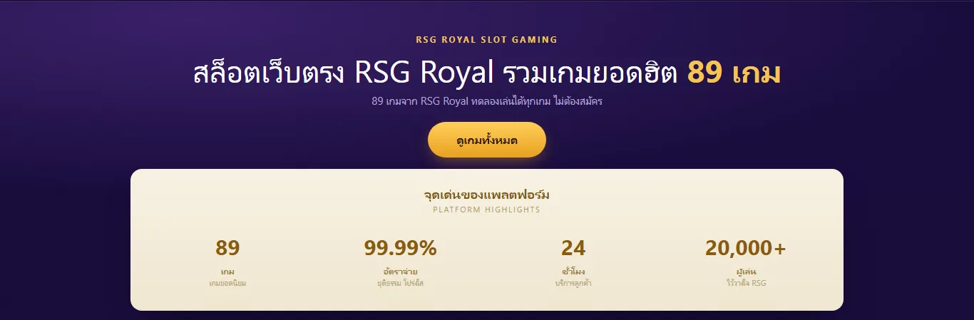 ภาพหน้าจอส่วนบนของหน้าแรก RSG16888 แสดงหัวข้อสล็อตเว็บตรง RSG Royal รวมเกมยอดฮิต 89 เกม
