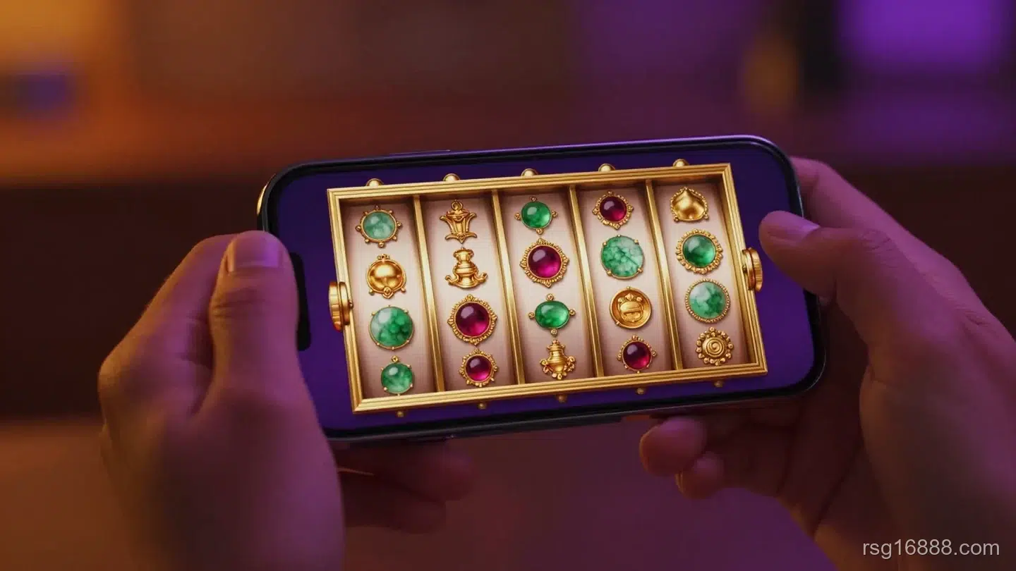 มือถือแสดงหน้าจอเกมสล็อตโทนทองบนพื้นหลังสีม่วง