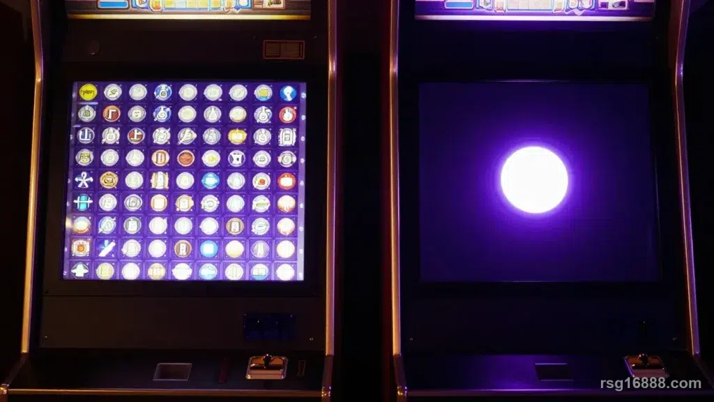 ตู้สล็อตสองตู้วางเคียงกันในห้องมืด จอซ้ายเต็มไปด้วยสัญลักษณ์เล็กจำนวนมาก จอขวามืดสนิทเหลือแสงวงกลมใหญ่ดวงเดียวตรงกลาง